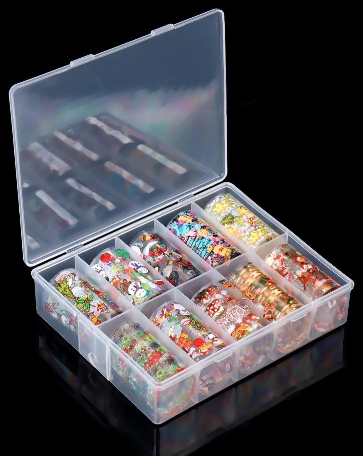 Набор переводной фольги для дизайна ногтей «Новогоднее ассорти», 4 × 50 см, 10 шт, в пластиковом органайзере