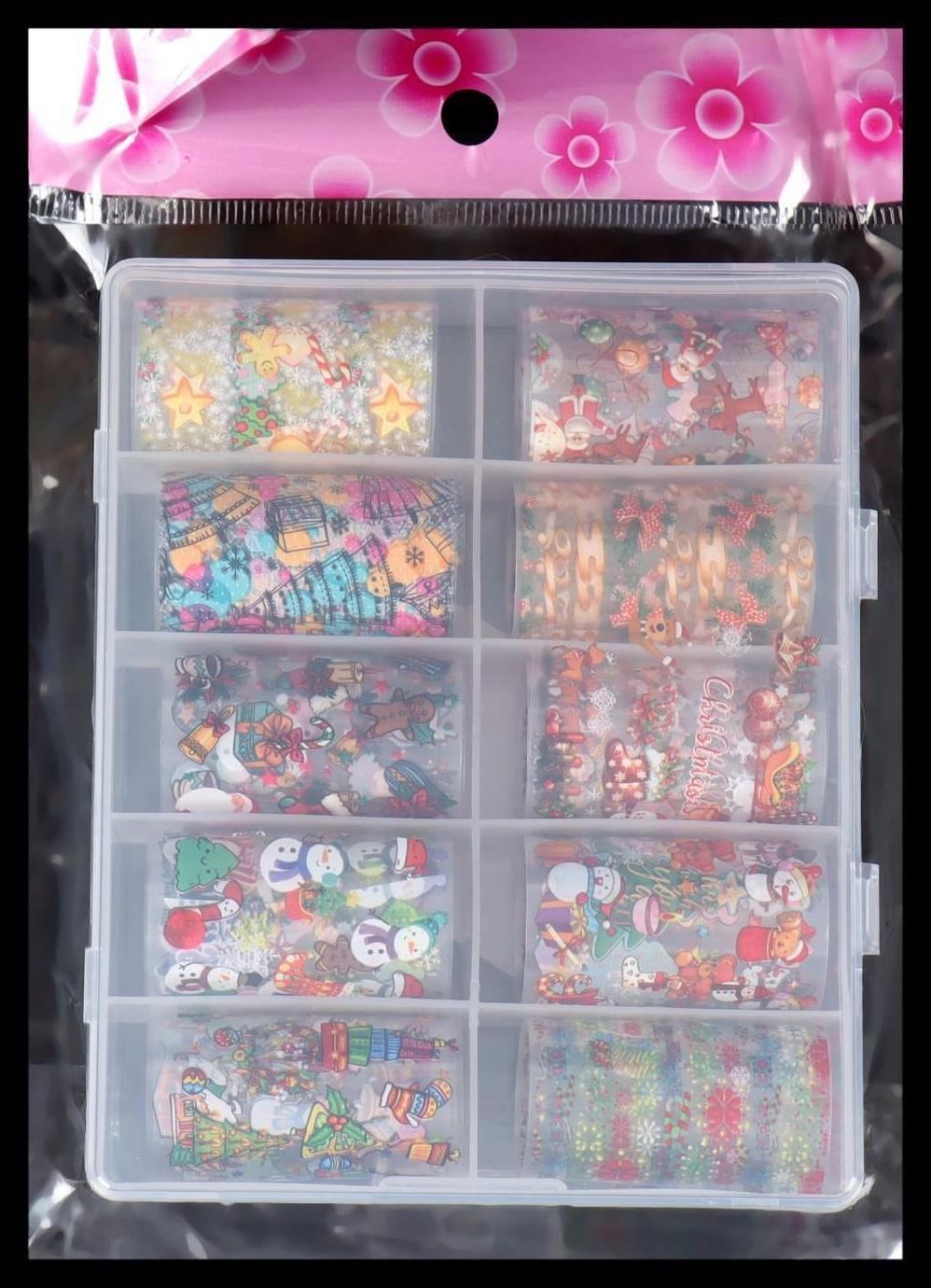 Набор переводной фольги для дизайна ногтей «Новогоднее ассорти», 4 × 50 см, 10 шт, в пластиковом органайзере