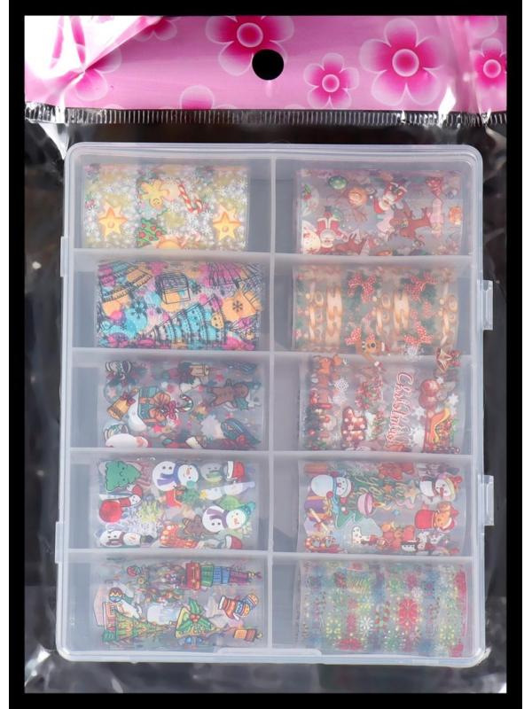 Набор переводной фольги для дизайна ногтей «Новогоднее ассорти», 4 × 50 см, 10 шт, в пластиковом органайзере