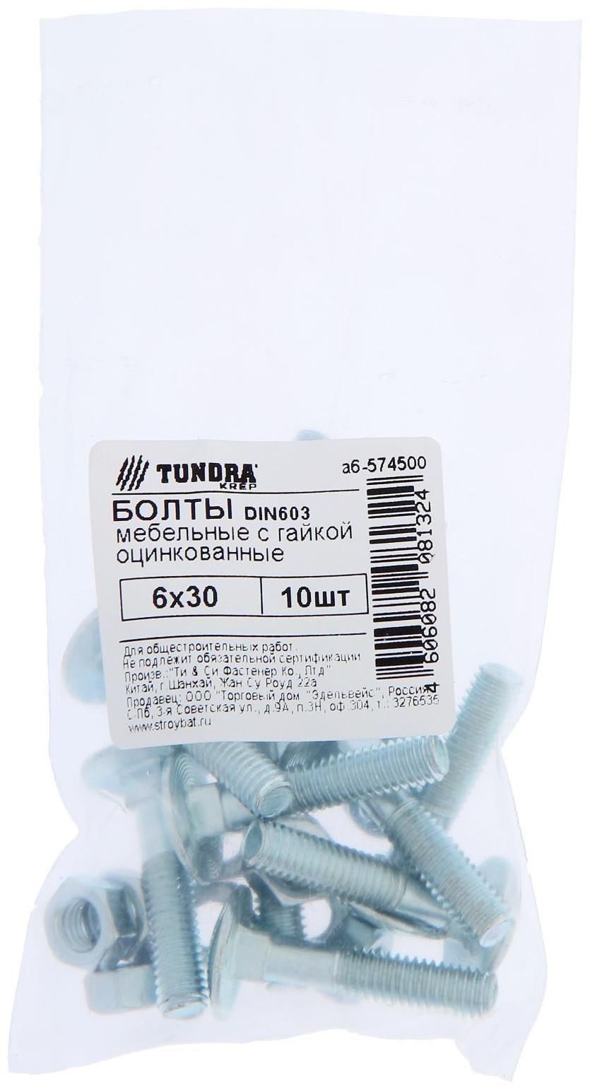 Болт мебельный ТУНДРА krep DIN603 6x30 с гайкой, цинк, 10 шт.