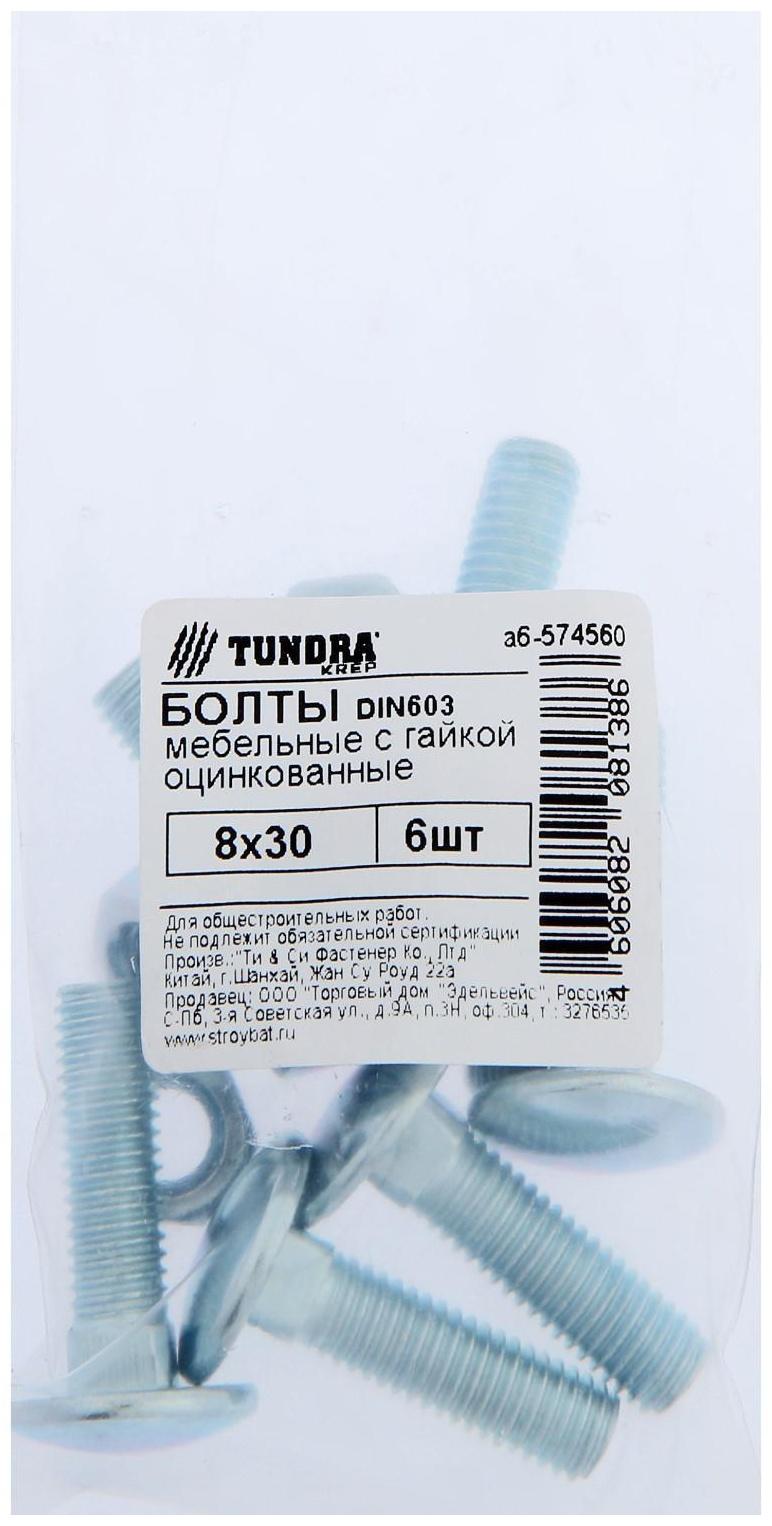 Болт мебельный ТУНДРА krep DIN603 8x30 с гайкой, цинк, 6 шт.