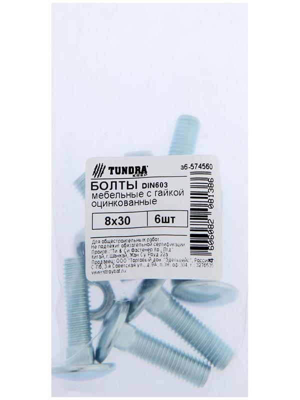 Болт мебельный ТУНДРА krep DIN603 8x30 с гайкой, цинк, 6 шт.