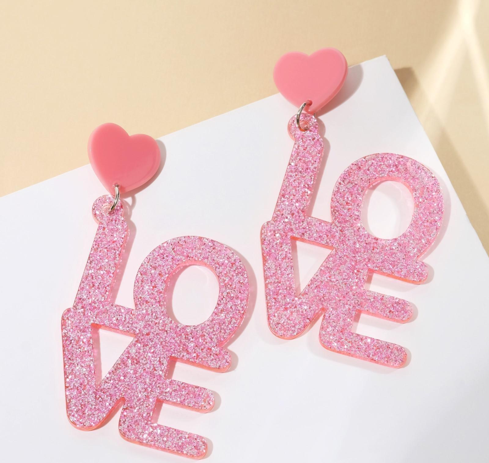 Серьги акрил LOVE, блёстки, цвет коралловый