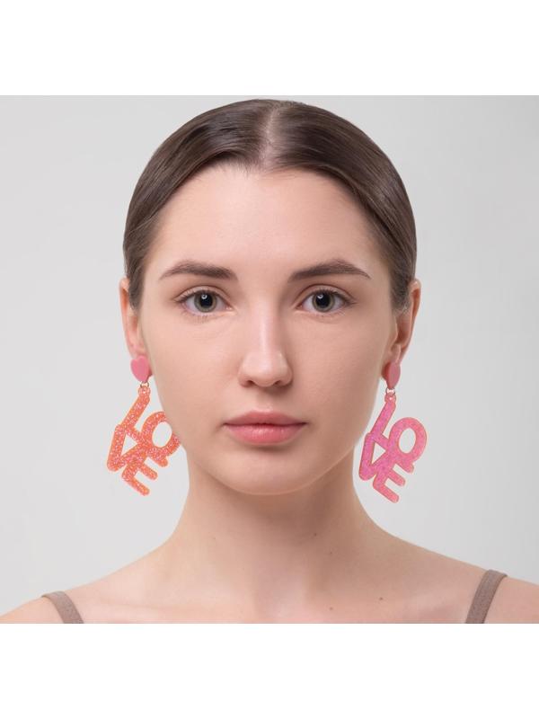 Серьги акрил LOVE, блёстки, цвет коралловый