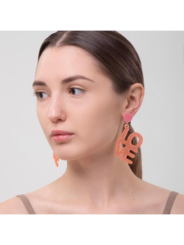 Серьги акрил LOVE, блёстки, цвет коралловый