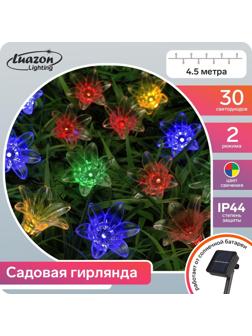 Гирлянда «Нить» 4.5 м с насадками «Цветы», IP44, тёмная нить, 30 LED, свечение мульти, 2 режима, солнечная батарея