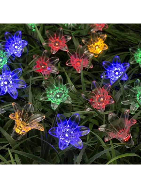 Гирлянда «Нить» 4.5 м с насадками «Цветы», IP44, тёмная нить, 30 LED, свечение мульти, 2 режима, солнечная батарея
