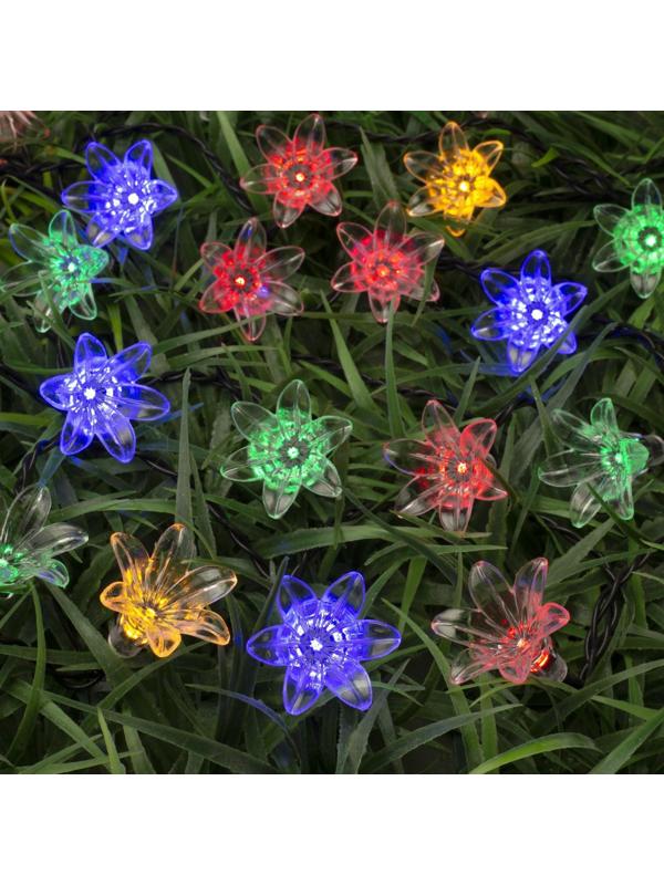 Гирлянда «Нить» 4.5 м с насадками «Цветы», IP44, тёмная нить, 30 LED, свечение мульти, 2 режима, солнечная батарея