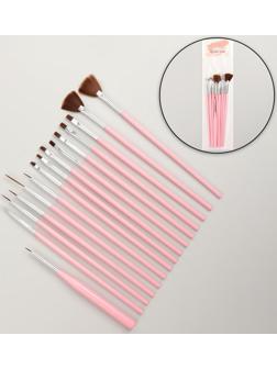 Набор кистей для наращивания и дизайна ногтей, 15 шт, 19 см, цвет розовый