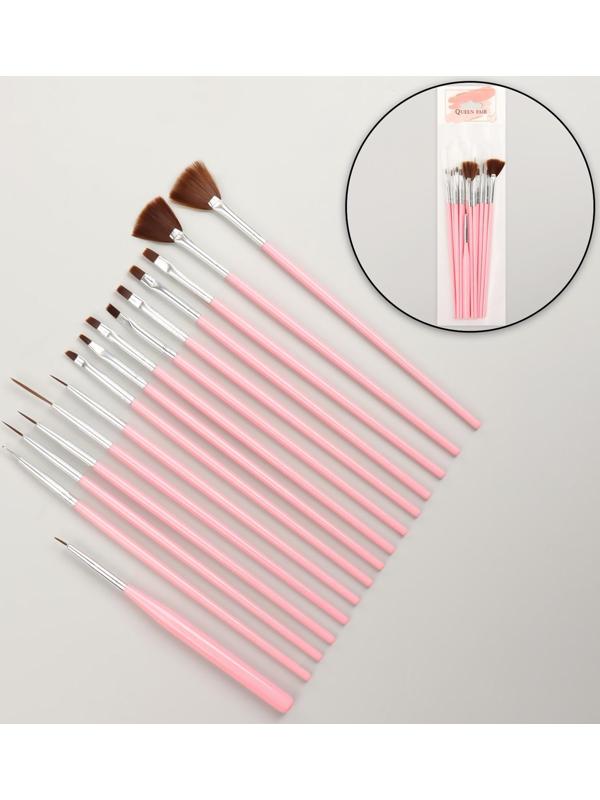 Набор кистей для наращивания и дизайна ногтей, 15 шт, 19 см, цвет розовый
