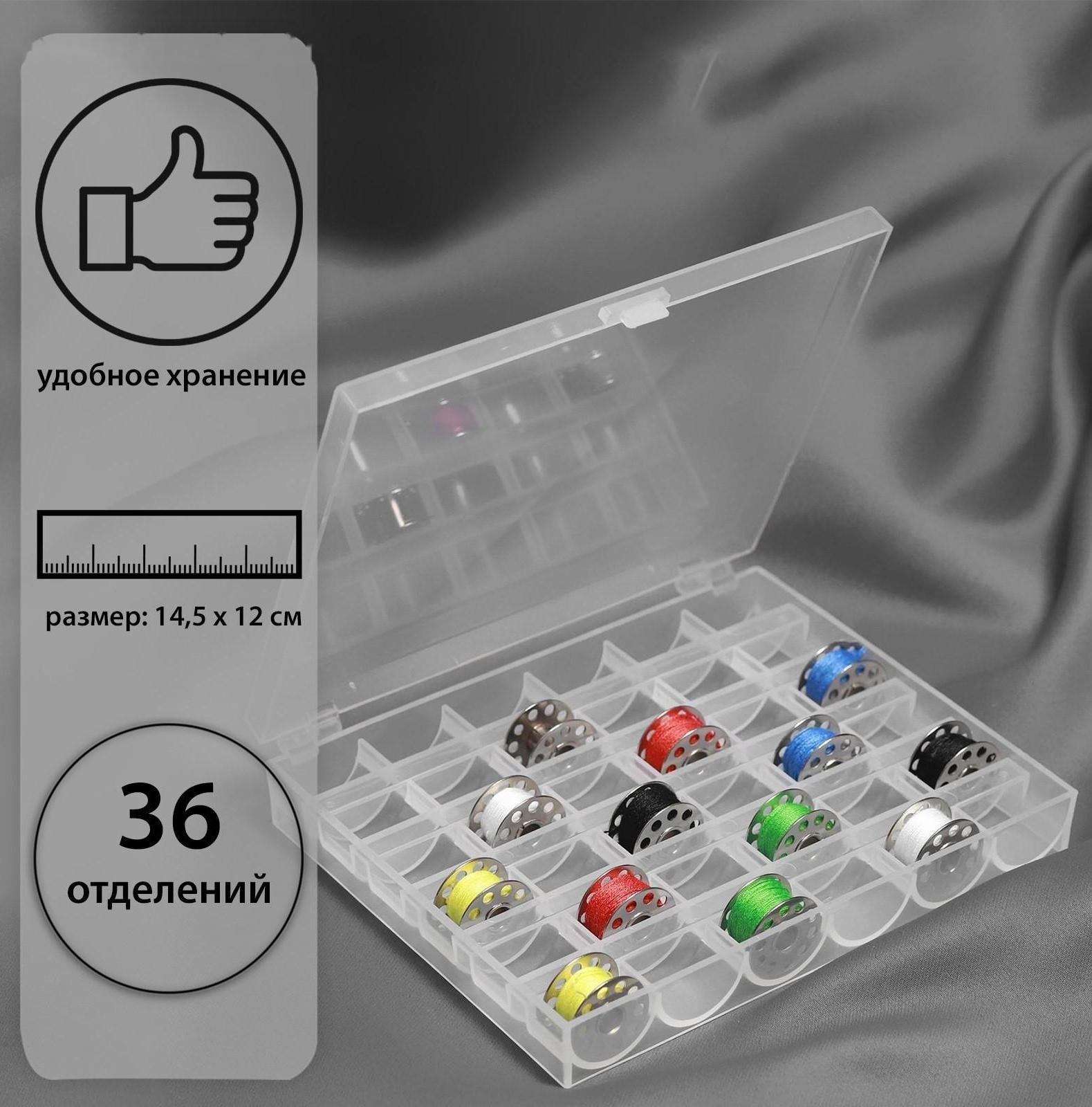 Органайзер для ниток, на 36 шпулек, 14,5 × 12 × 2,5 см, цвет прозрачный