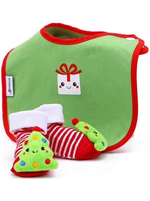 Подарочный Новогодний набор: носочки - погремушки и нагрудник «Подарочек», новогодняя подарочная упаковка, виды МИКС