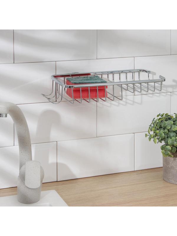 Подставка для губок и моющего средства навесная, 2 крючка, 26×11,5×4 см, нержавеющая сталь, цвет хром