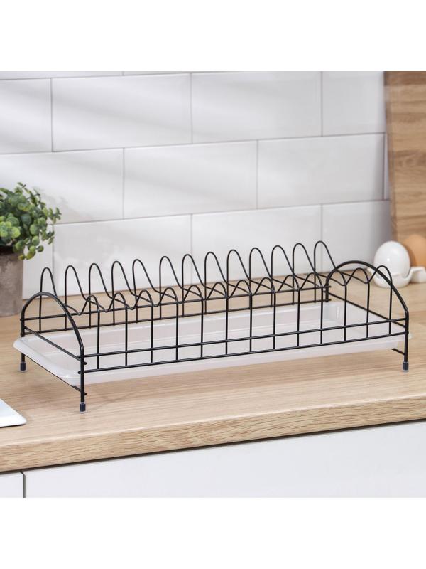 Сушилка для тарелок с поддоном Доляна, на 12 предметов, цвет чёрный, поддон МИКС