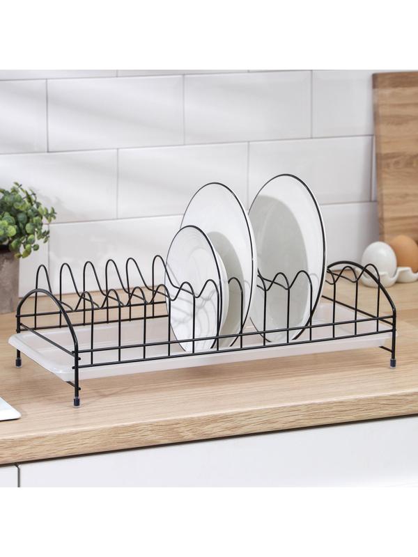 Сушилка для тарелок с поддоном Доляна, на 12 предметов, цвет чёрный, поддон МИКС