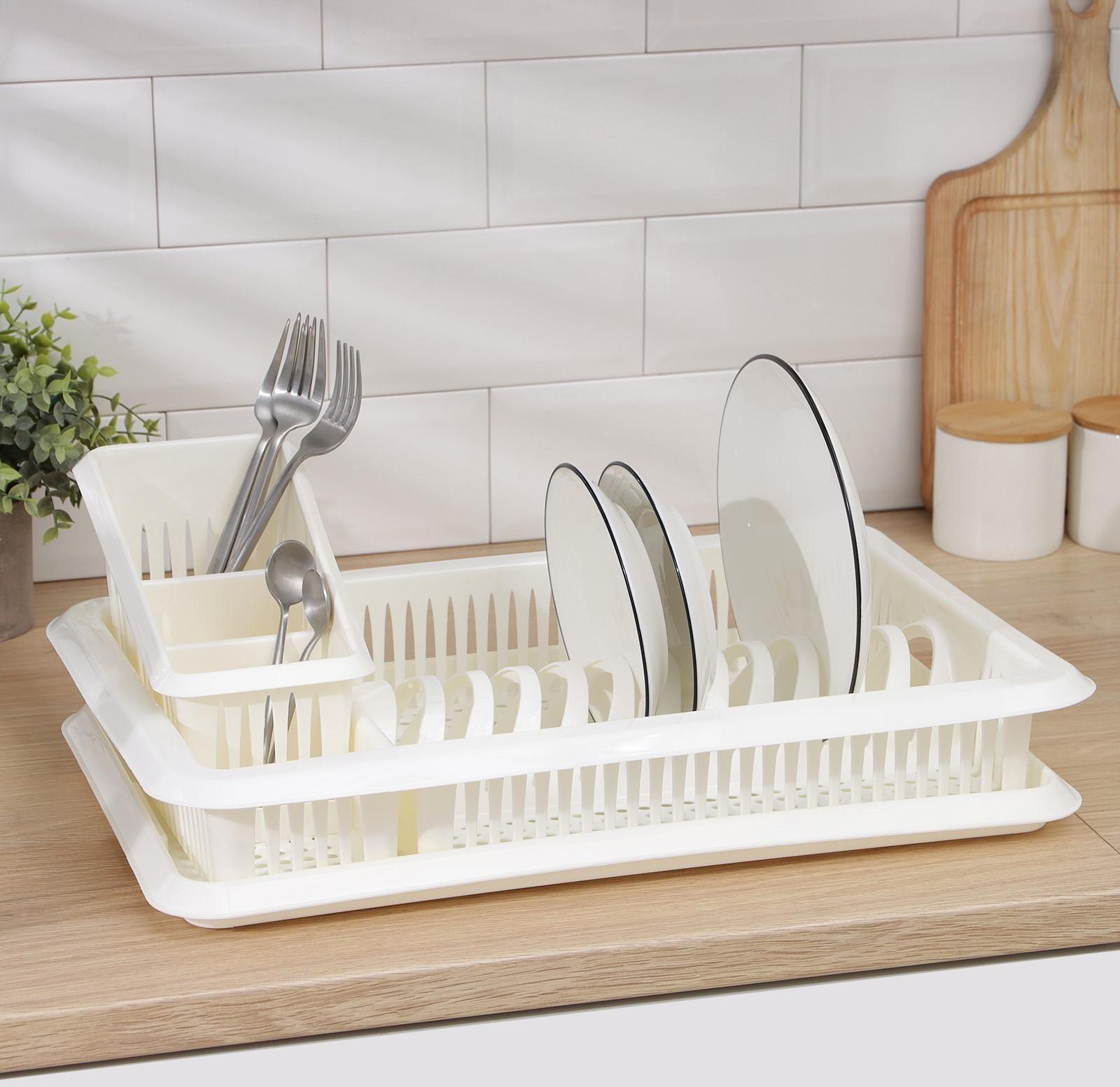 Сушилка для посуды с поддоном, с сушилкой для столовых приборов «Лилия», цвет ваниль