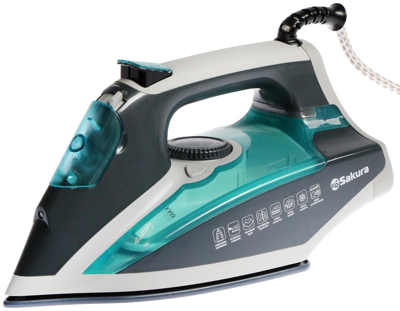 Утюг Sakura SA-3061CG Premium, 2600 Вт, керамическая подошва, 400 мл, серо-бирюзовый
