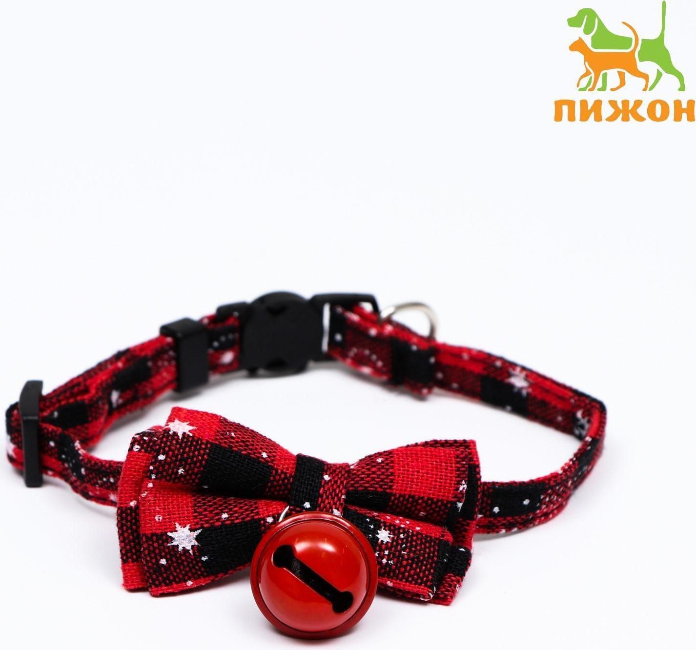 Ошейник текстильный со снежинками и бубенчиком, 30 х 1 см, красно-чёрный