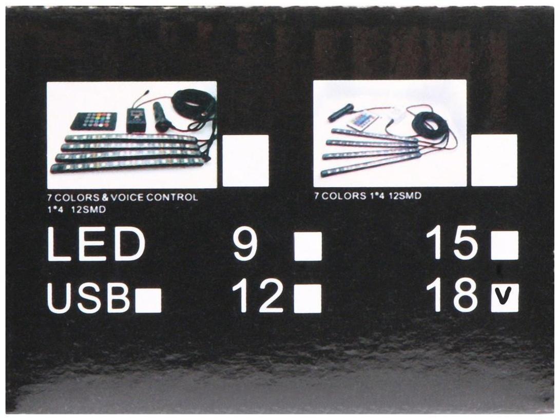Подсветка салона 18 LED-5050, 32 см, пульт, светомузыка, мультисвет RGB, 4 шт