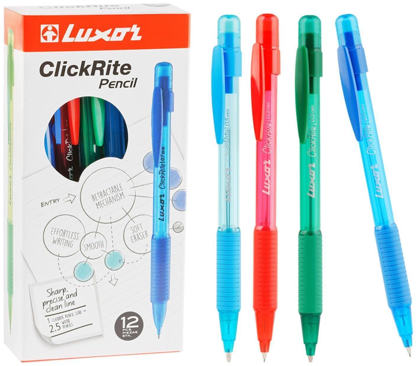 Карандаш механический 0.5 мм, HB, Luxor ClickRite, с ластиком, резиновый упор, микс