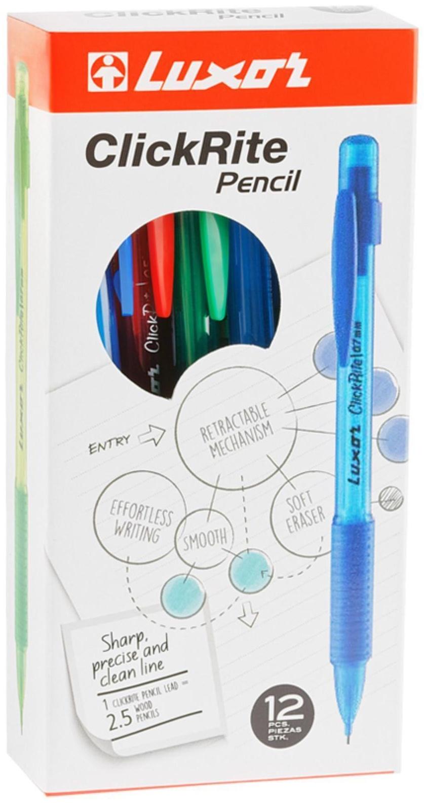 Карандаш механический 0.5 мм, HB, Luxor ClickRite, с ластиком, резиновый упор, микс