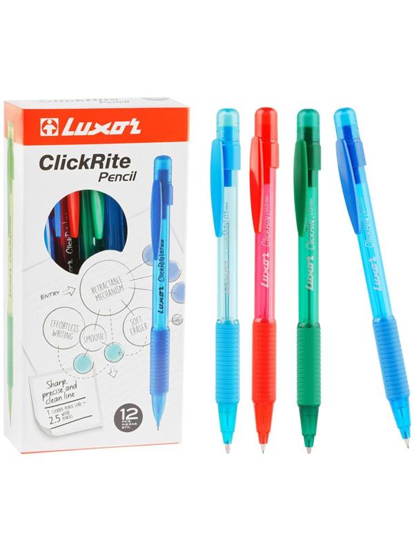 Карандаш механический 0.5 мм, HB, Luxor ClickRite, с ластиком, резиновый упор, микс