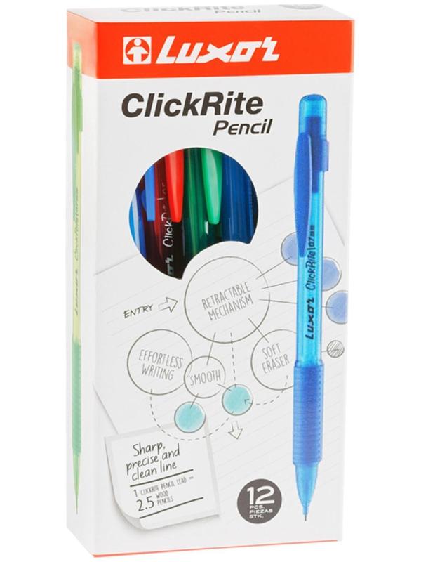 Карандаш механический 0.5 мм, HB, Luxor ClickRite, с ластиком, резиновый упор, микс