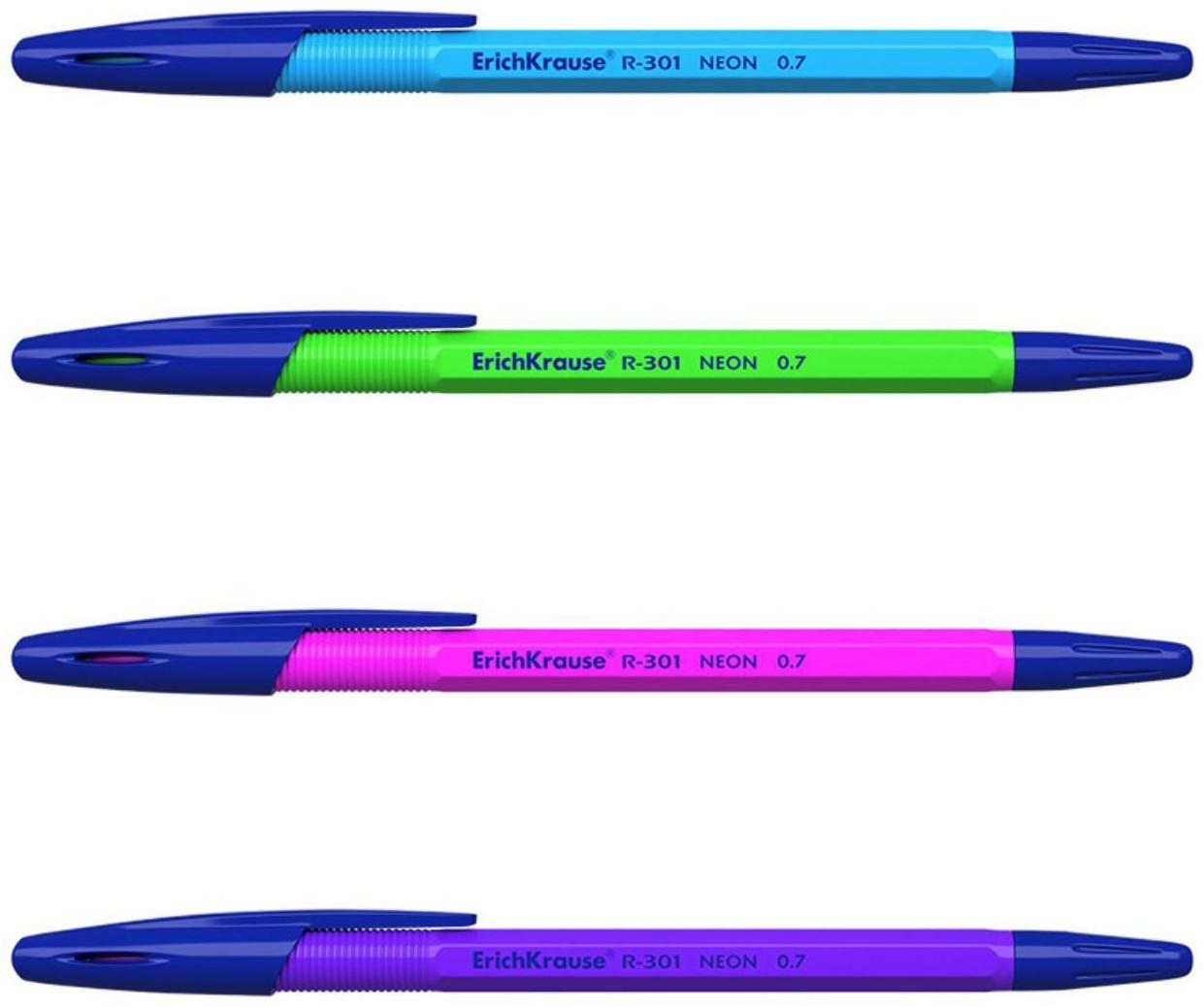 Ручка шариковая ErichKrause R-301 Neon Stick, узел 0.7 мм, чернила синие, длина письма 2000 метров, микс