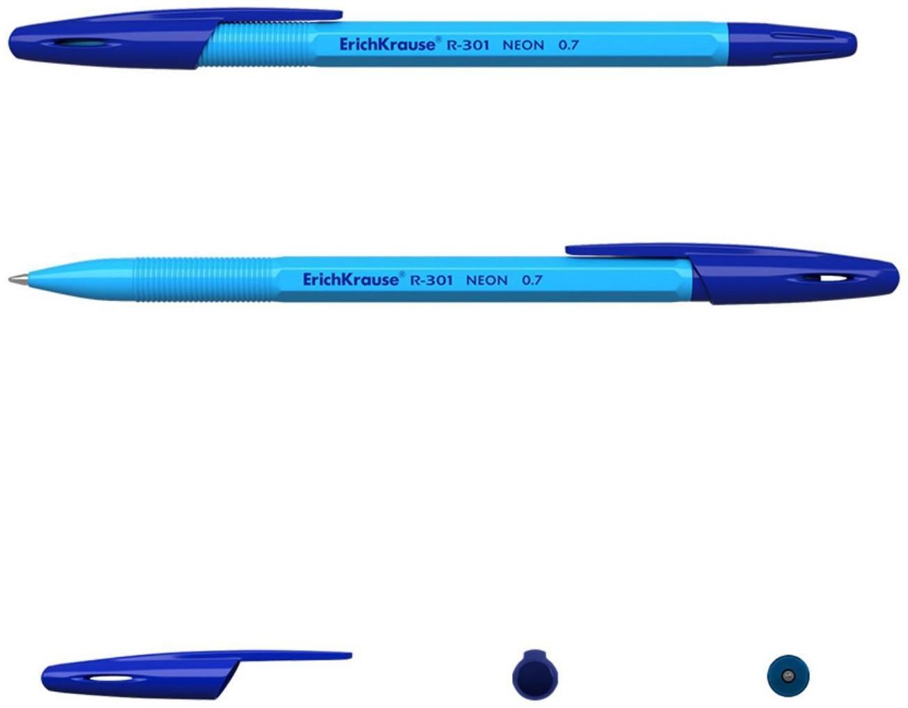 Ручка шариковая ErichKrause R-301 Neon Stick, узел 0.7 мм, чернила синие, длина письма 2000 метров, микс