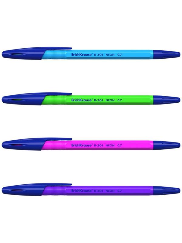 Ручка шариковая ErichKrause R-301 Neon Stick, узел 0.7 мм, чернила синие, длина письма 2000 метров, микс