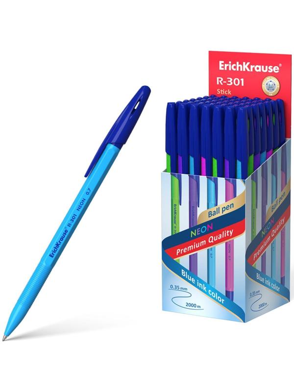Ручка шариковая ErichKrause R-301 Neon Stick, узел 0.7 мм, чернила синие, длина письма 2000 метров, микс