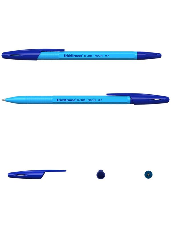 Ручка шариковая ErichKrause R-301 Neon Stick, узел 0.7 мм, чернила синие, длина письма 2000 метров, микс