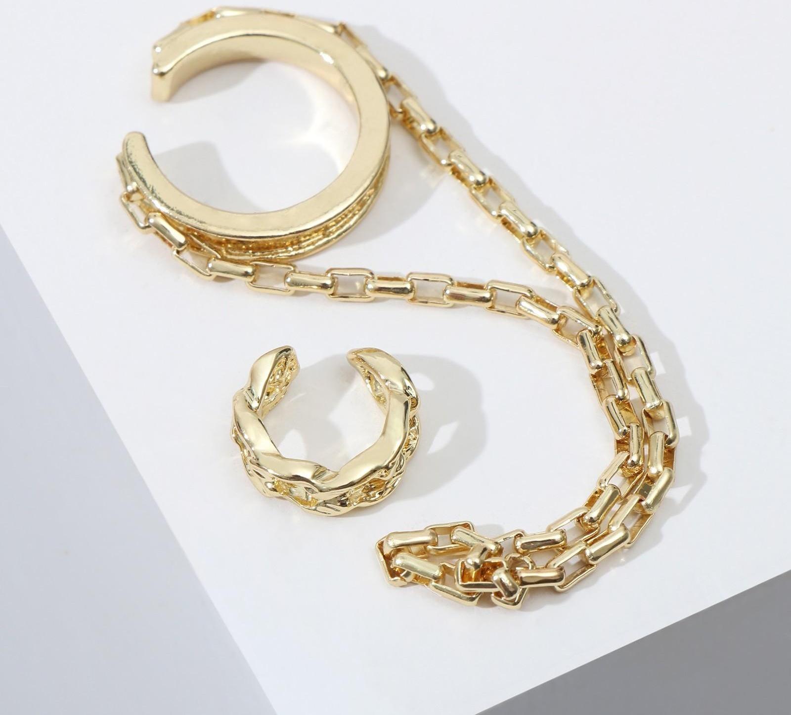 Набор серьги и каффа цепь на кольце, цвет золото