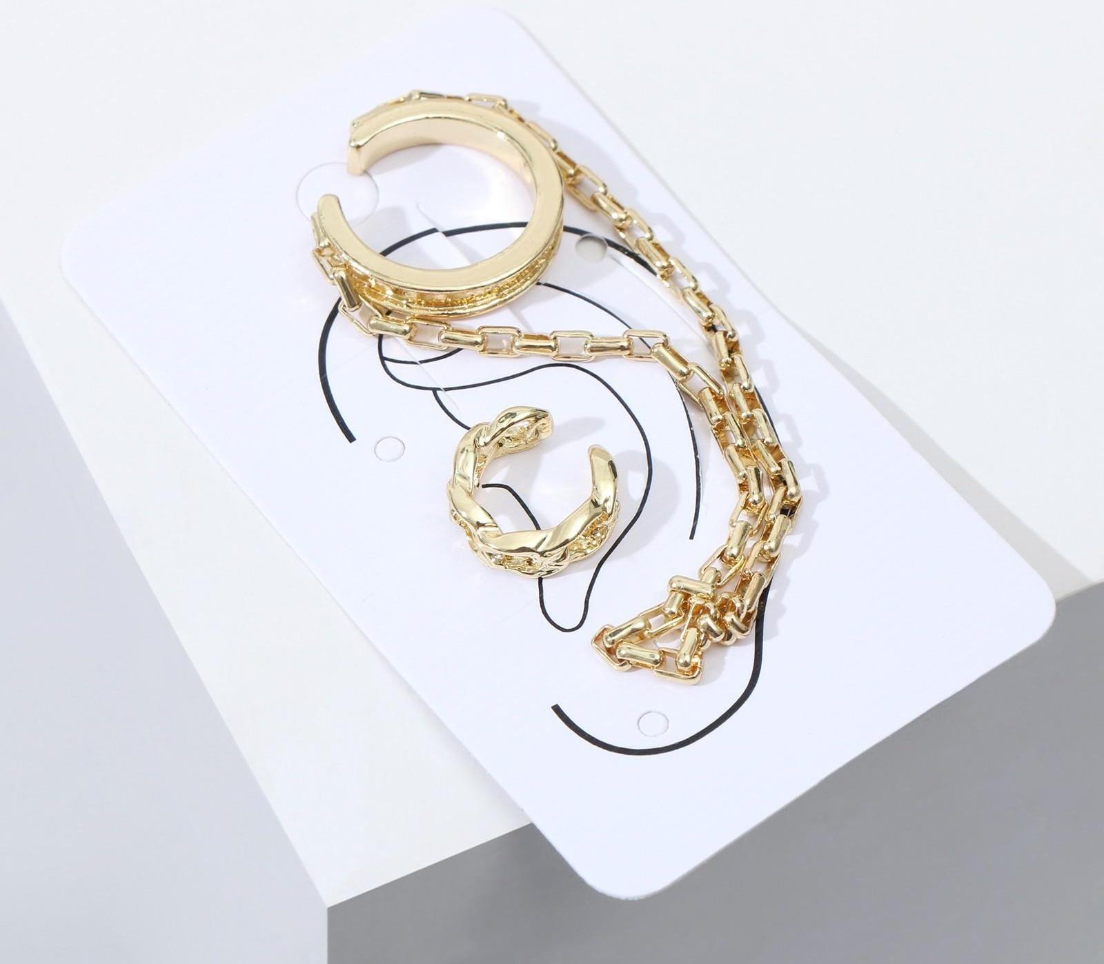 Набор серьги и каффа цепь на кольце, цвет золото