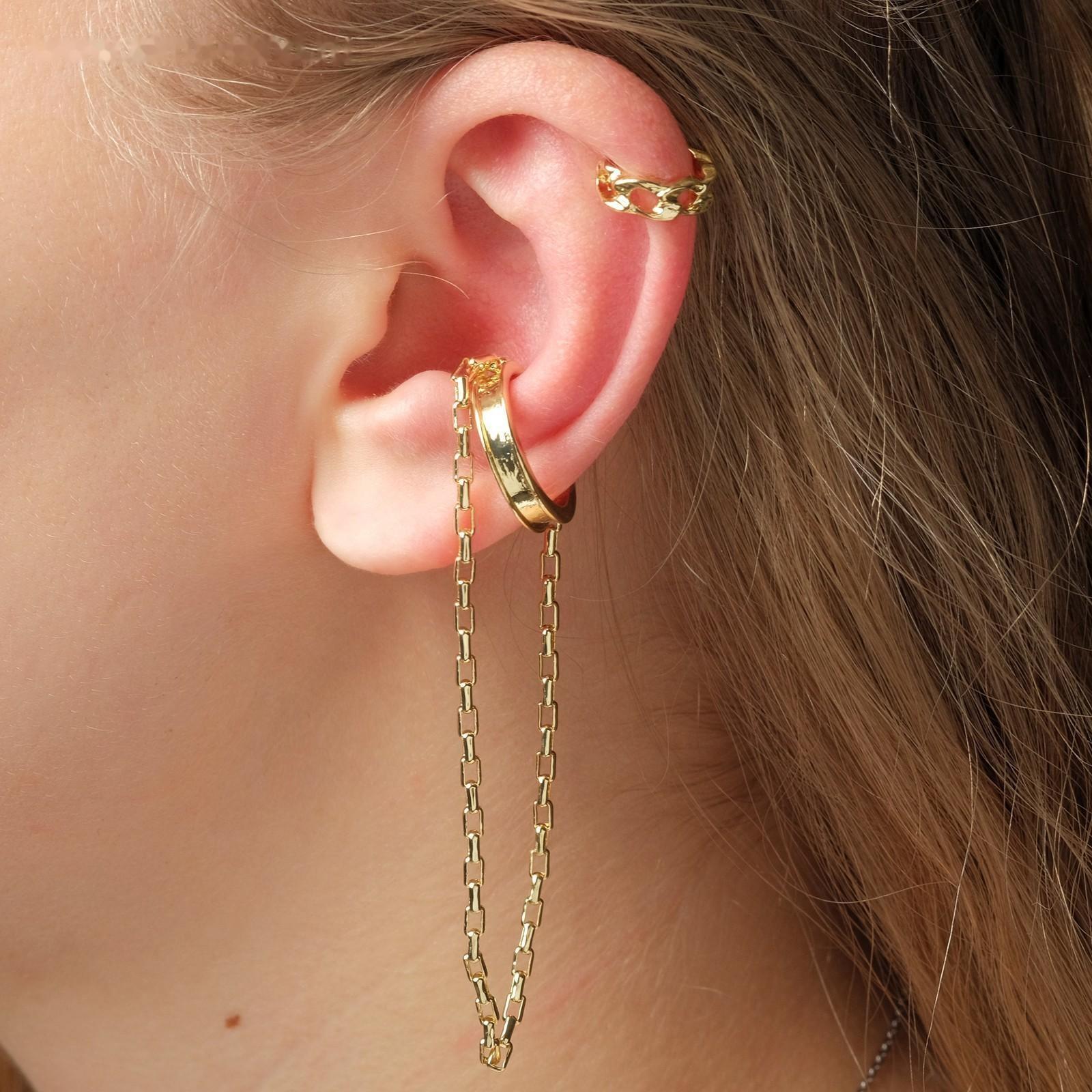 Набор серьги и каффа цепь на кольце, цвет золото