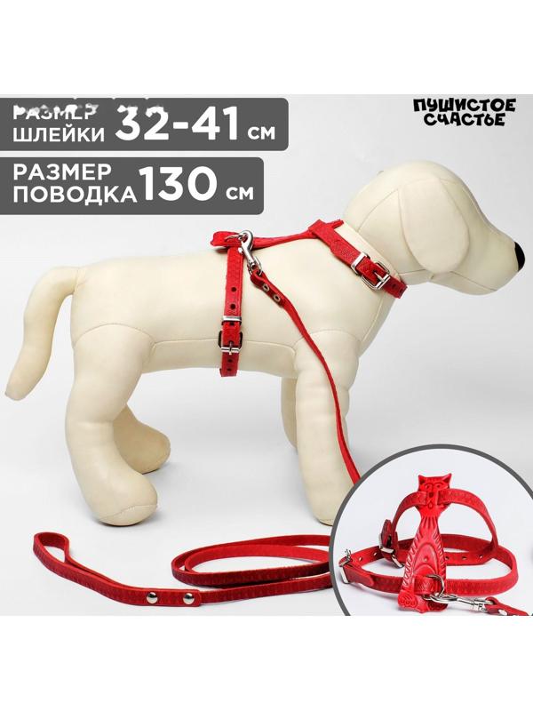 Комплект «Кошка», красный (шлейка 32-41х1 см, поводок 130х0.8 см)