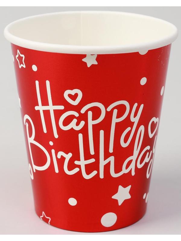 Стаканы бумажные «С днём рождения», набор, 6 шт., цвет красный