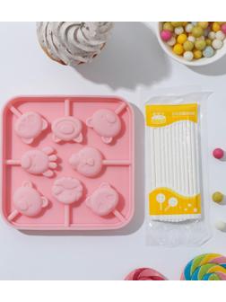 Форма для леденцов «Зверята», 8 ячеек, 14×14×1,4 см, с палочками 20 шт, цвет МИКС