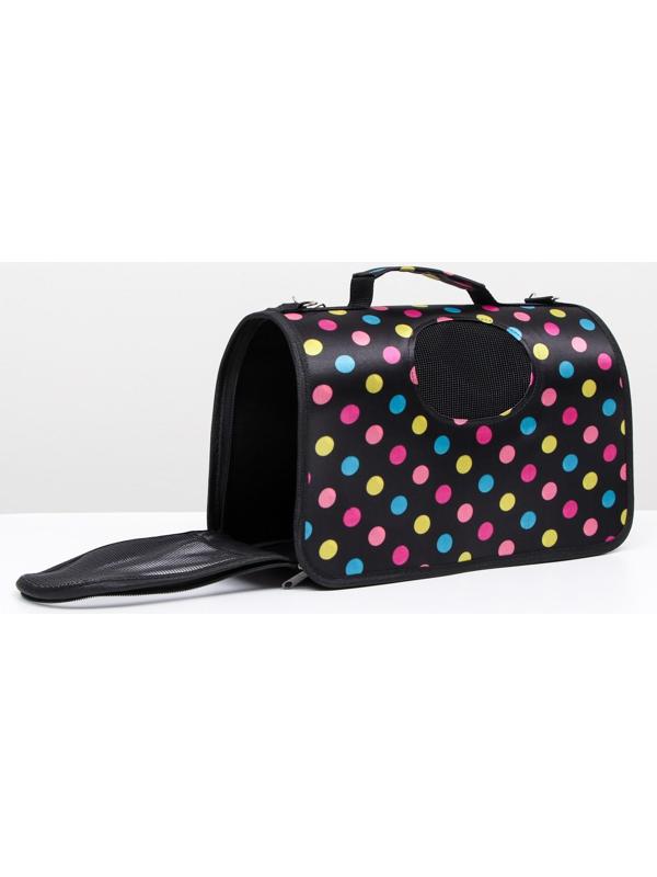 Сумка-переноска для кошек и собак, каркасная, размер S, 37,5 х 17 х 22 см, чёрная с цветными горошинами