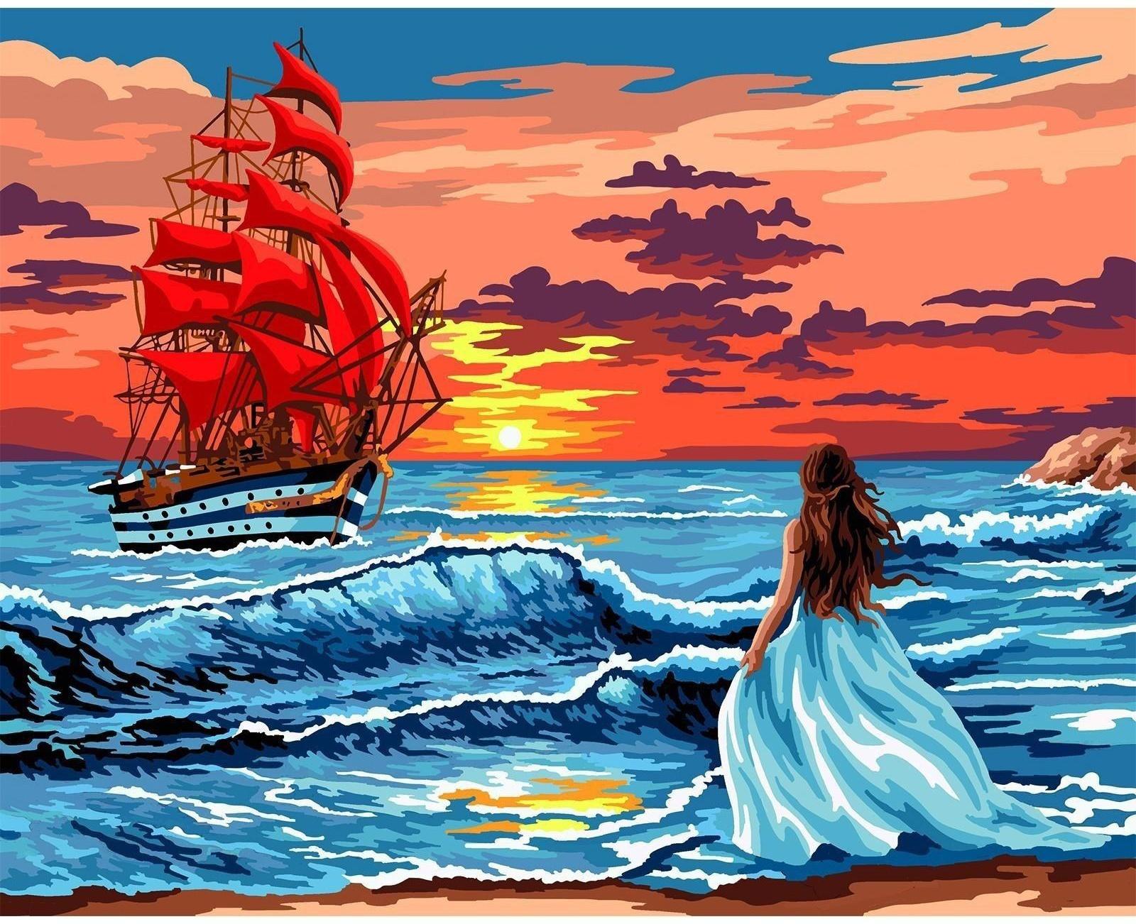 Картина по номерам на холсте с подрамником «Алые паруса на закате» 40х50 см