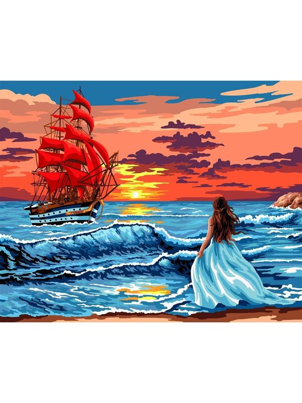 Картина по номерам на холсте с подрамником «Алые паруса на закате» 40х50 см