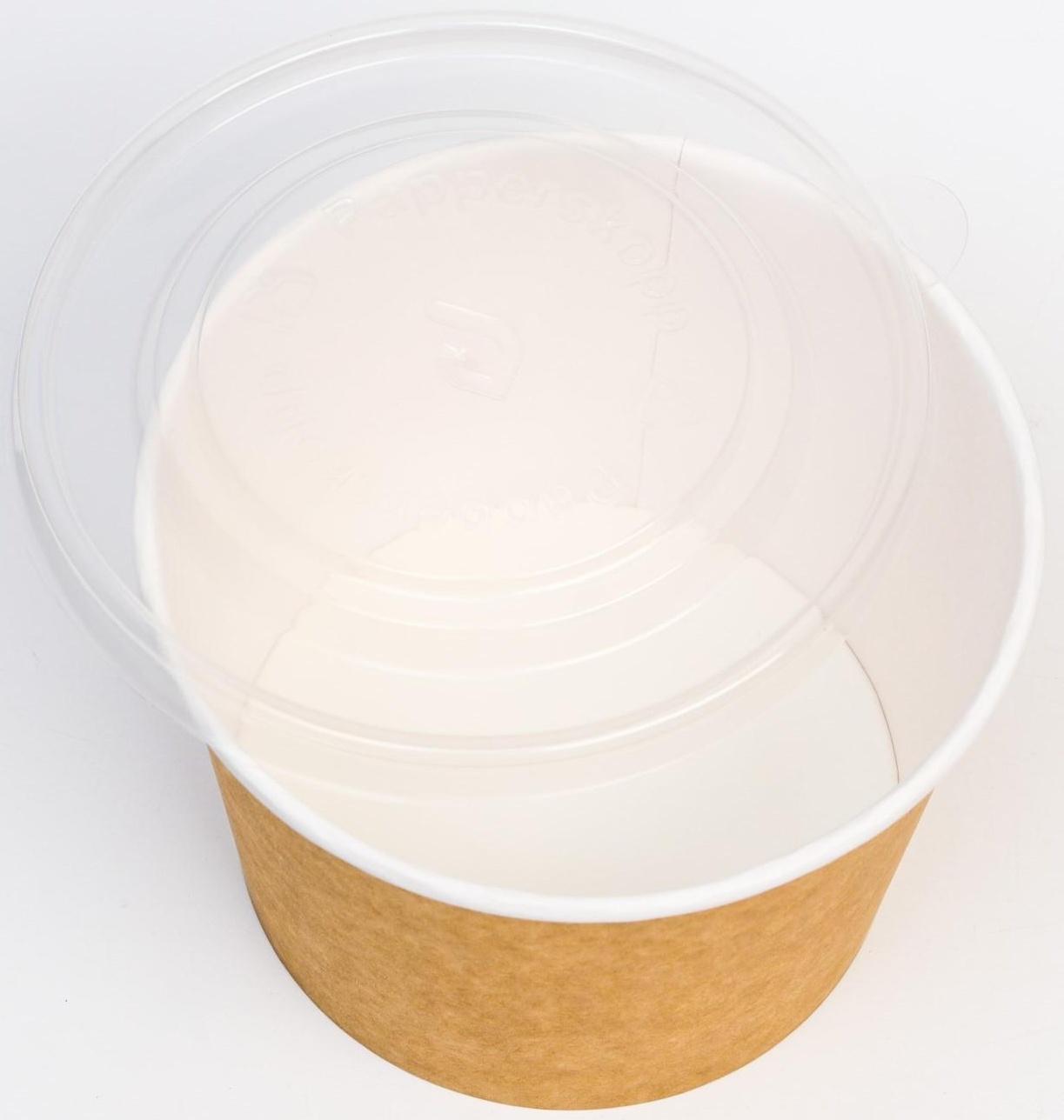 Контейнер круглый, с пластиковой крышкой, крафт-белый, 900 мл