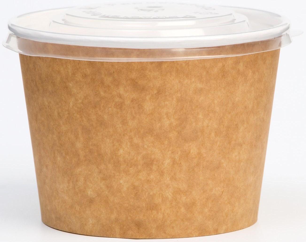 Контейнер круглый, с пластиковой крышкой, крафт-белый, 900 мл