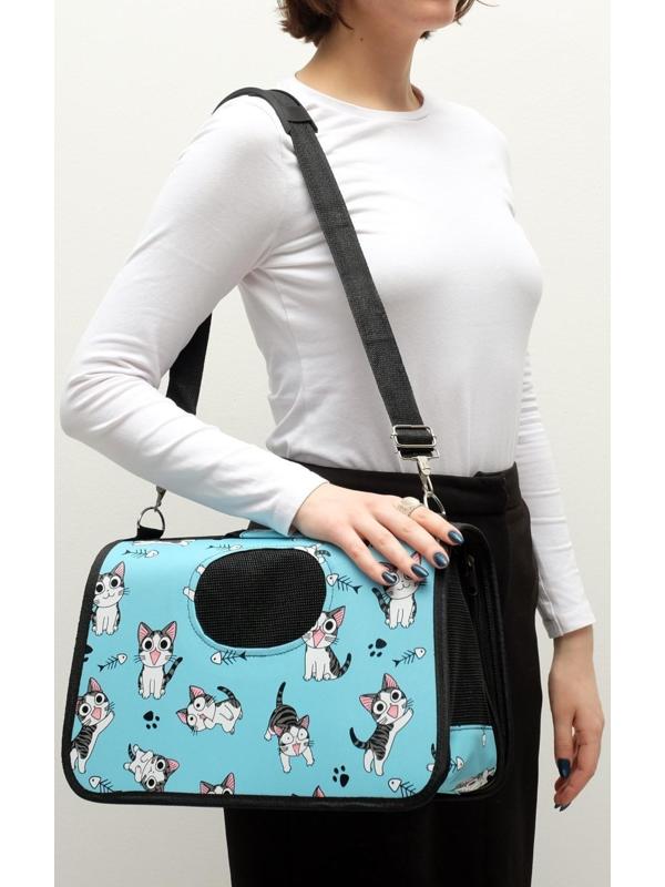 Сумка-переноска для кошек и собак, каркасная «Играющие котики», размер M, 45 х 21 х 27 см, голубая