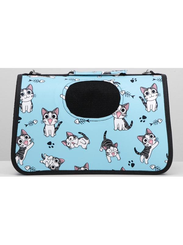 Сумка-переноска для кошек и собак, каркасная «Играющие котики», размер M, 45 х 21 х 27 см, голубая