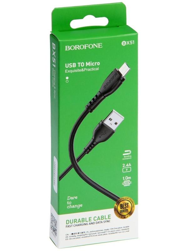 Кабель Borofone BX51, microUSB - USB, 2.4 А, 1 м, PVC оплётка, чёрный