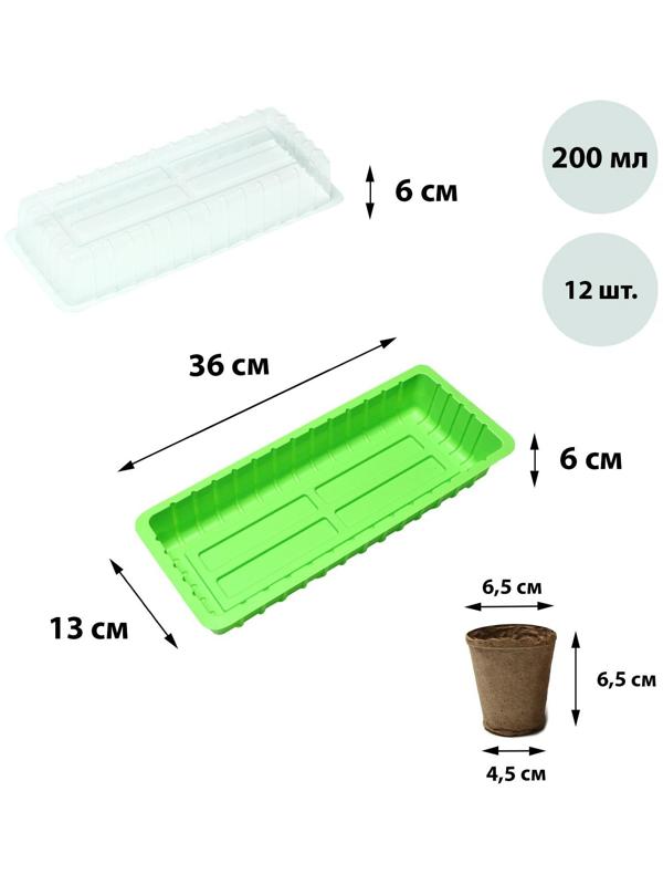 Мини-парник: 36 × 13 × 12 см, торфяной горшок 6,5 × 6,5 см (12 шт.)