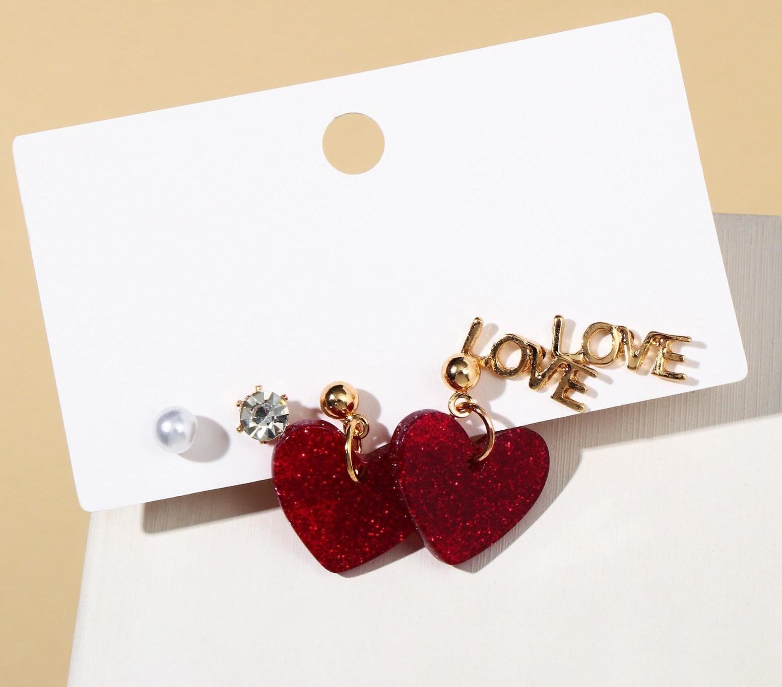 Набор 3 пары серёг LOVE сердечки, цветные в золоте