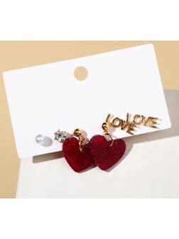 Набор 3 пары серёг LOVE сердечки, цветные в золоте