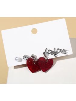 Набор 3 пары серёг LOVE сердечки, цветные в серебре
